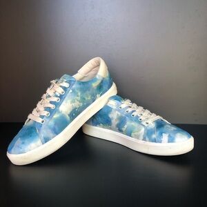 Sam Edelman Ethyl Low Top Sneaker Size 10 Leather Blue Tie Dye Watercolor Art